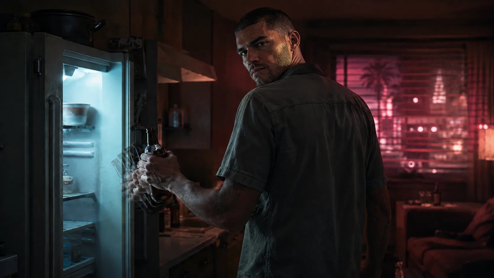Editorial illustration of Jason Duval holding a bottle by an open refrigerator.
