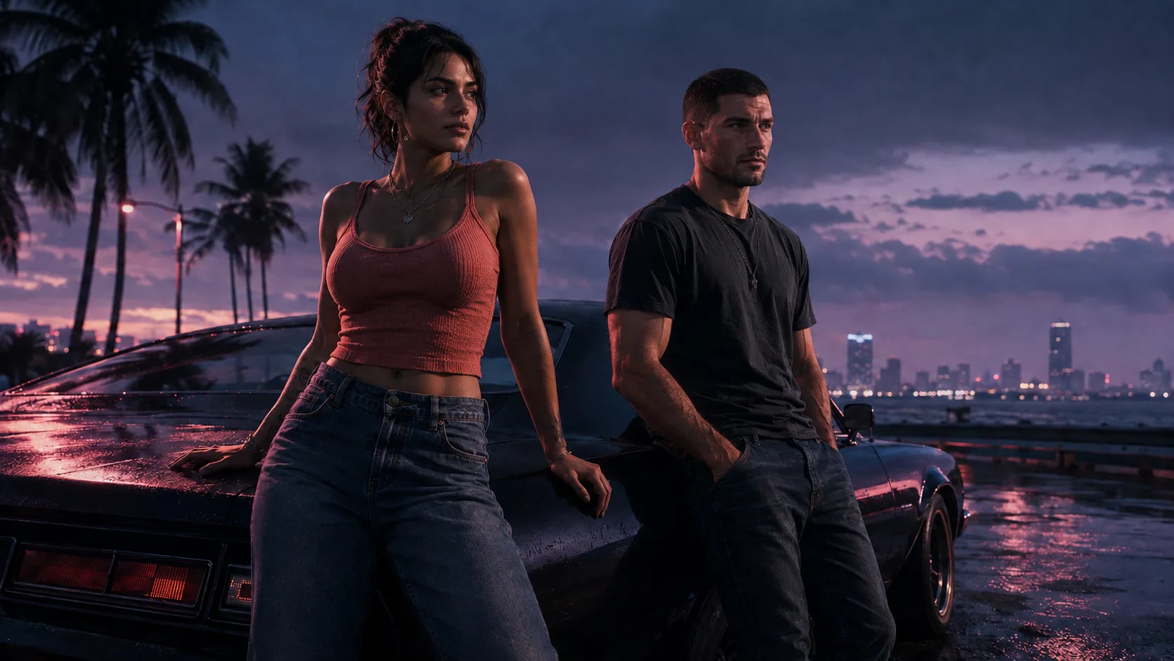 Editorial illustration of Lucia Caminos and Jason Duval beside a car at a Miami-style waterfront.