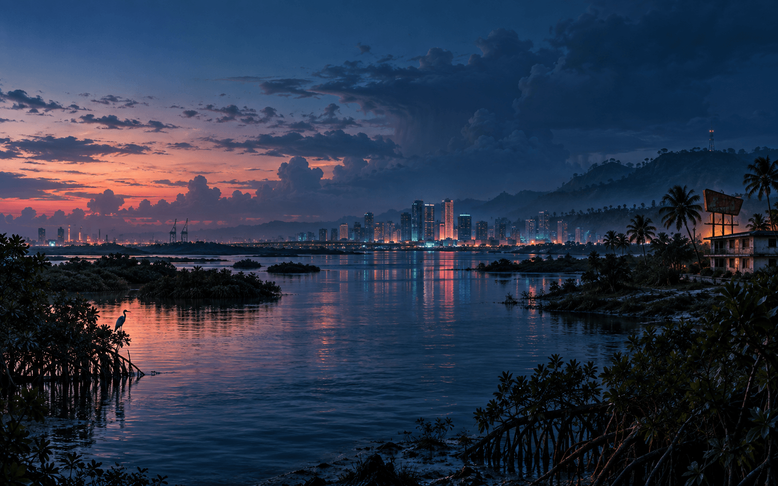 Original editorial illustration of a humid coastal state at blue hour, with mangroves, water, a distant neon skyline and dark hills.