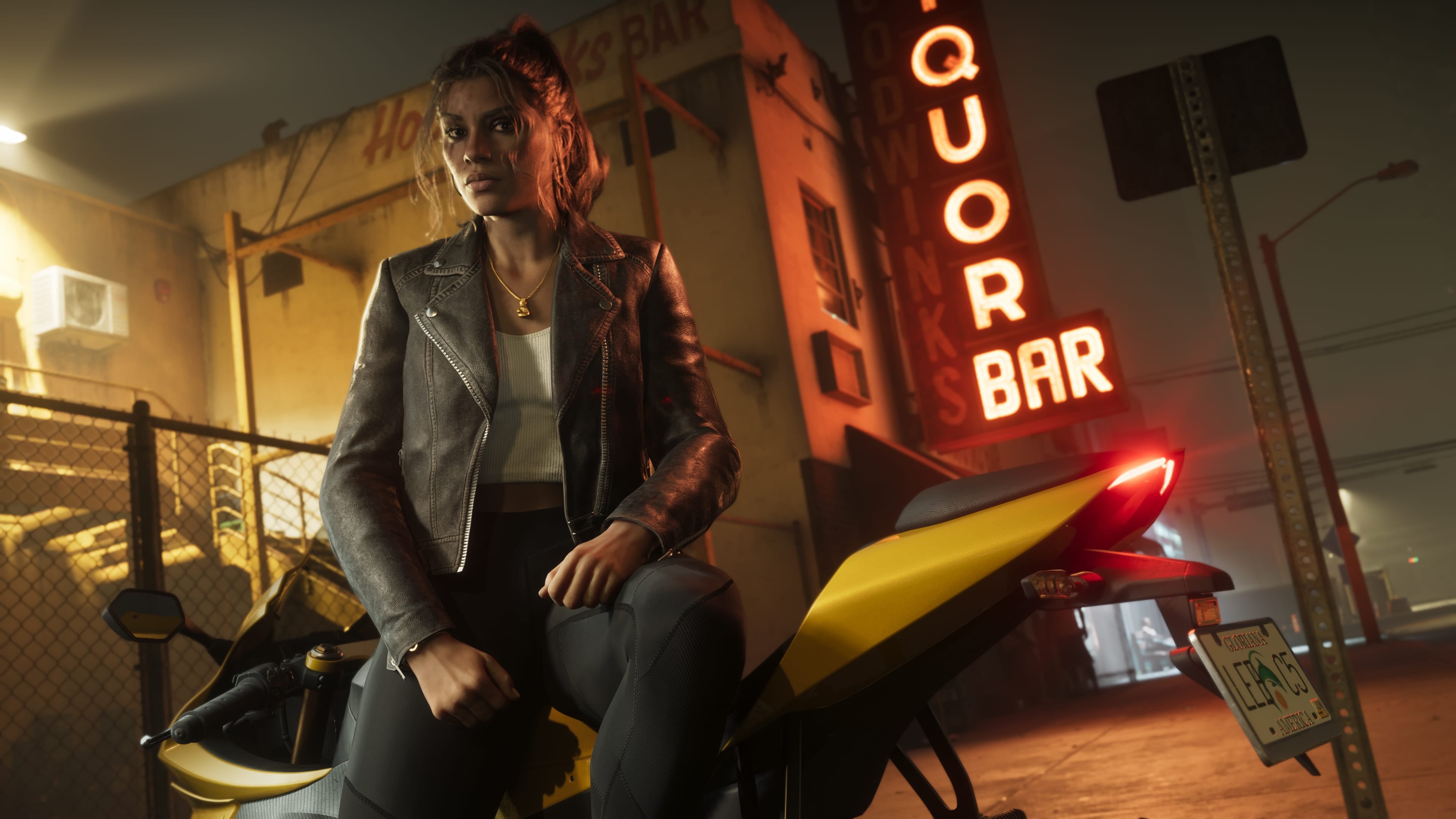 Lucia Caminos sits beside a yellow motorcycle outside a neon-lit Vice City bar.