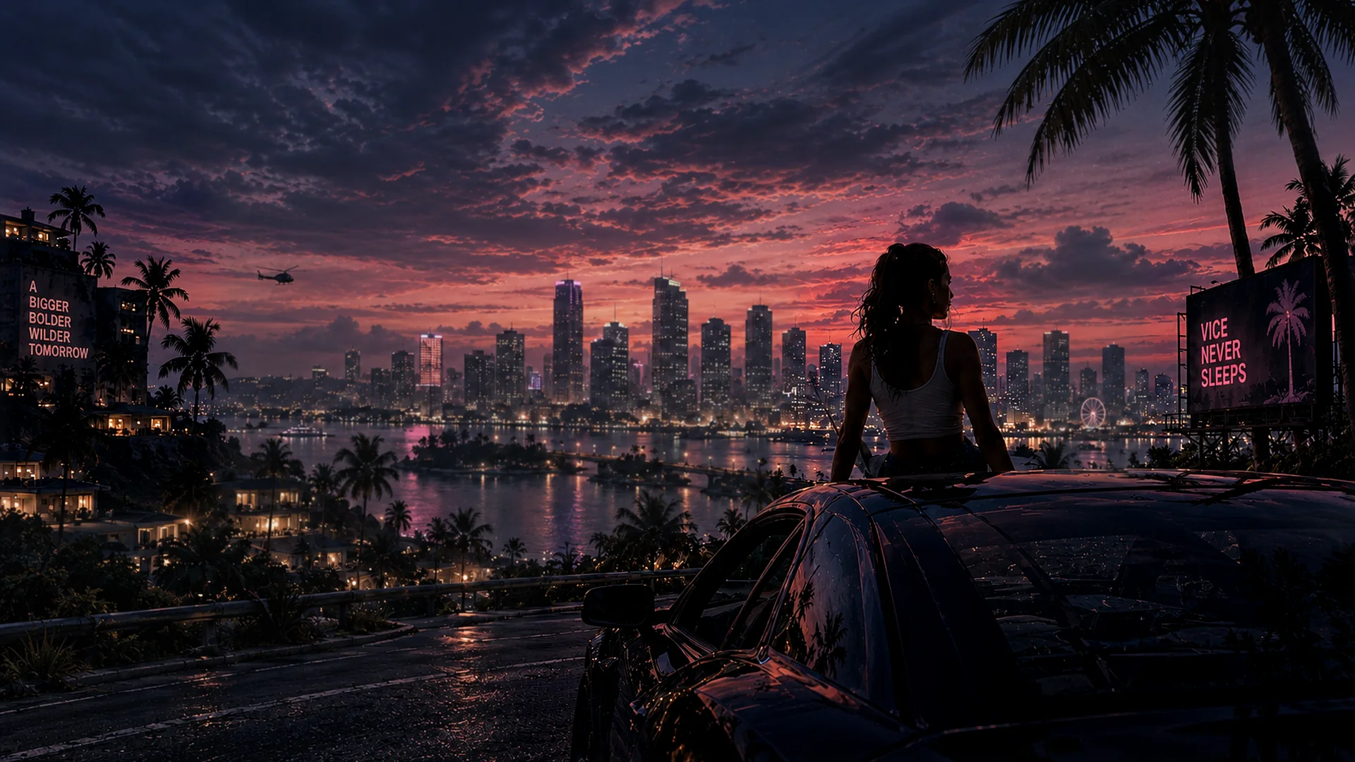 A woman overlooking a coastal city at dusk from the roof of a car