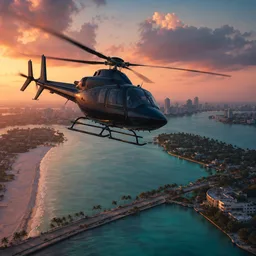 Helicopter flying above a tropical coastline