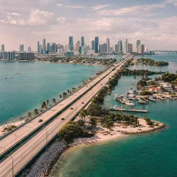 Causeway leading toward a coastal city