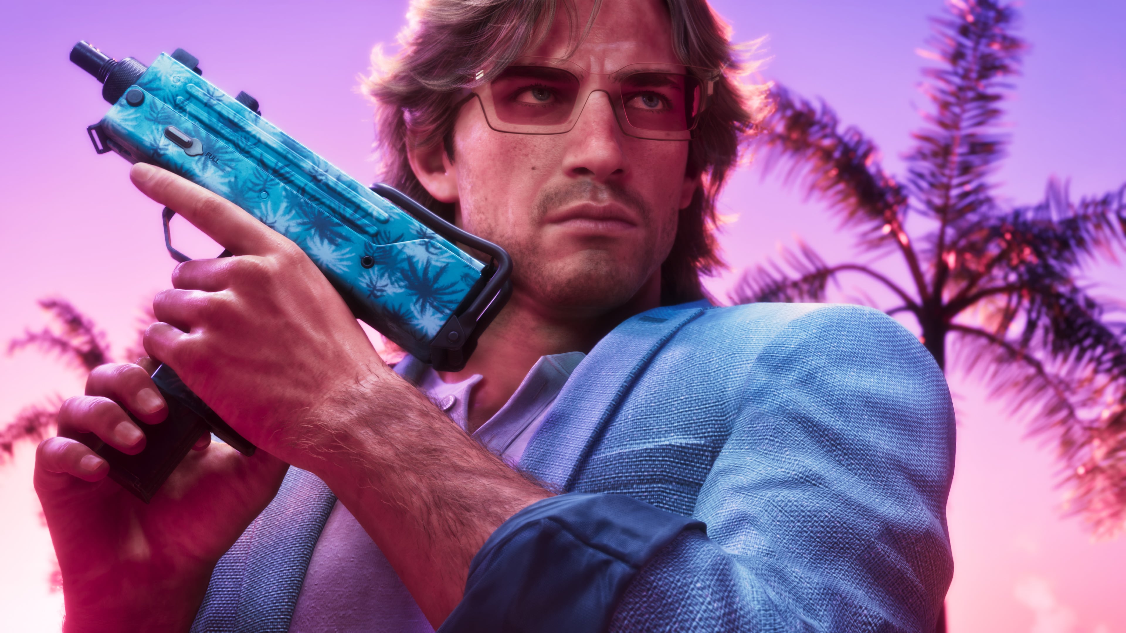 Official Rockstar GTA VI image of Jason and Lucia in Vintage Vice City styling at a neon-lit club
