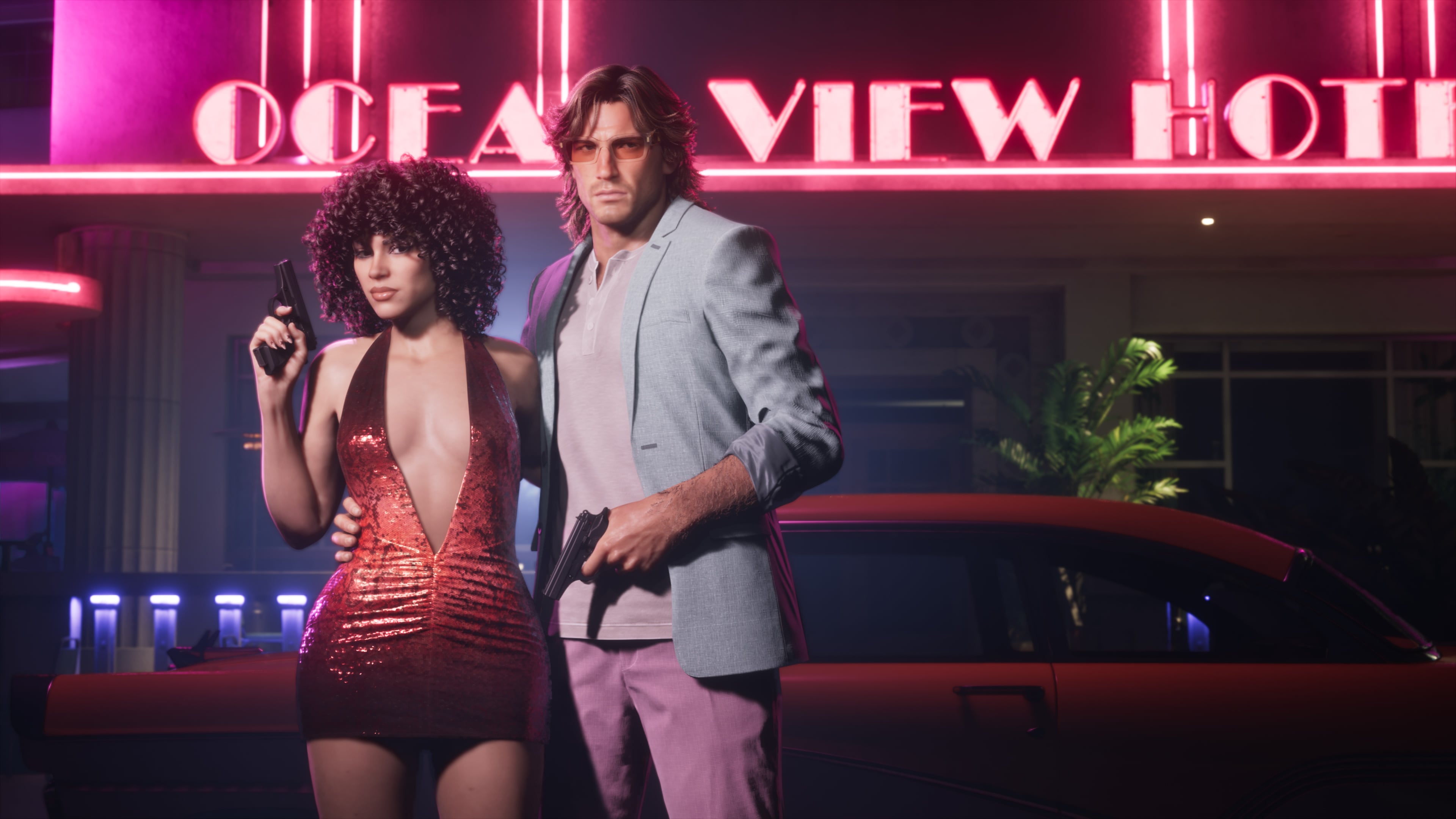 Ocean View Hotel|Official Rockstar Vintage Vice City Pack image: Jason and Lucia outside the Ocean View Hotel.