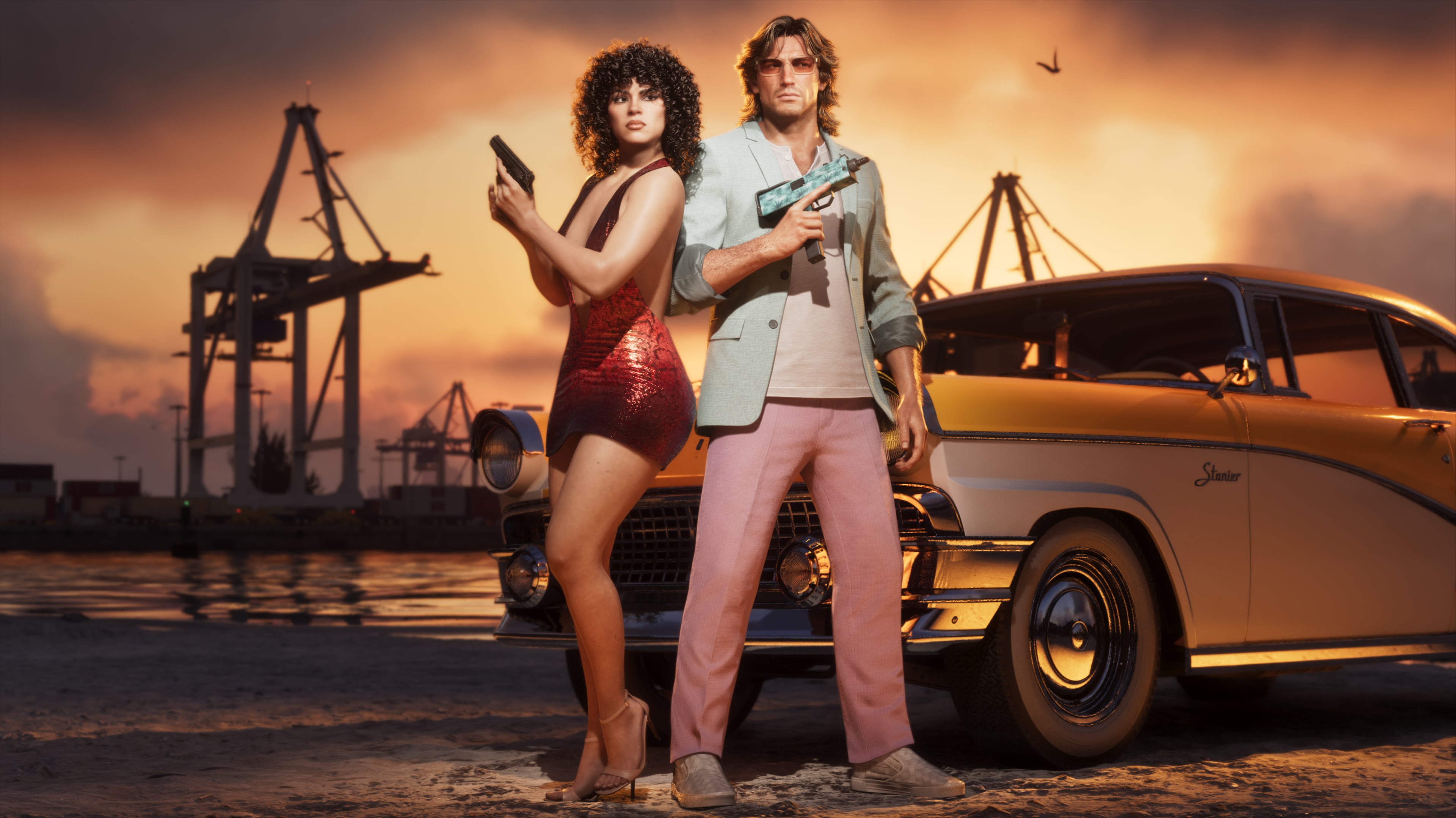 Portside promise|Official Rockstar Vintage Vice City Pack image: Jason, Lucia and the ’55 Vapid Stanier at the docks.