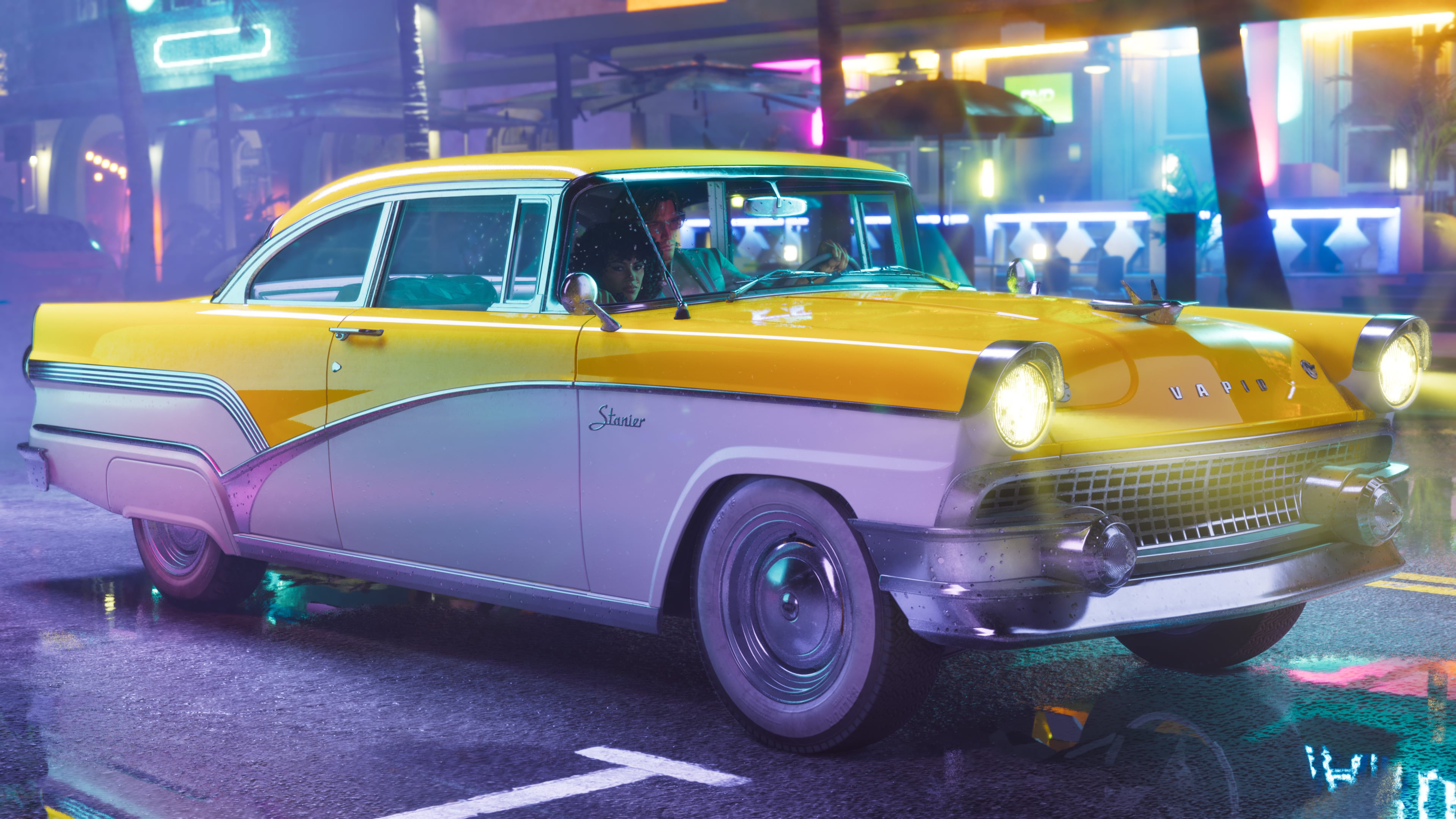 ’55 Vapid Stanier|Official Rockstar GTA VI image of the ’55 Vapid Stanier at night.