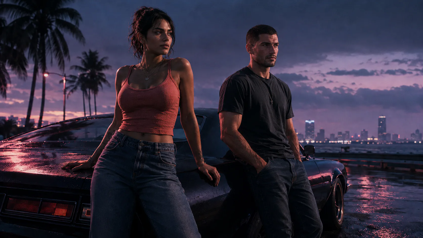 Editorial illustration of Lucia Caminos and Jason Duval beside a car at a Miami-style waterfront.