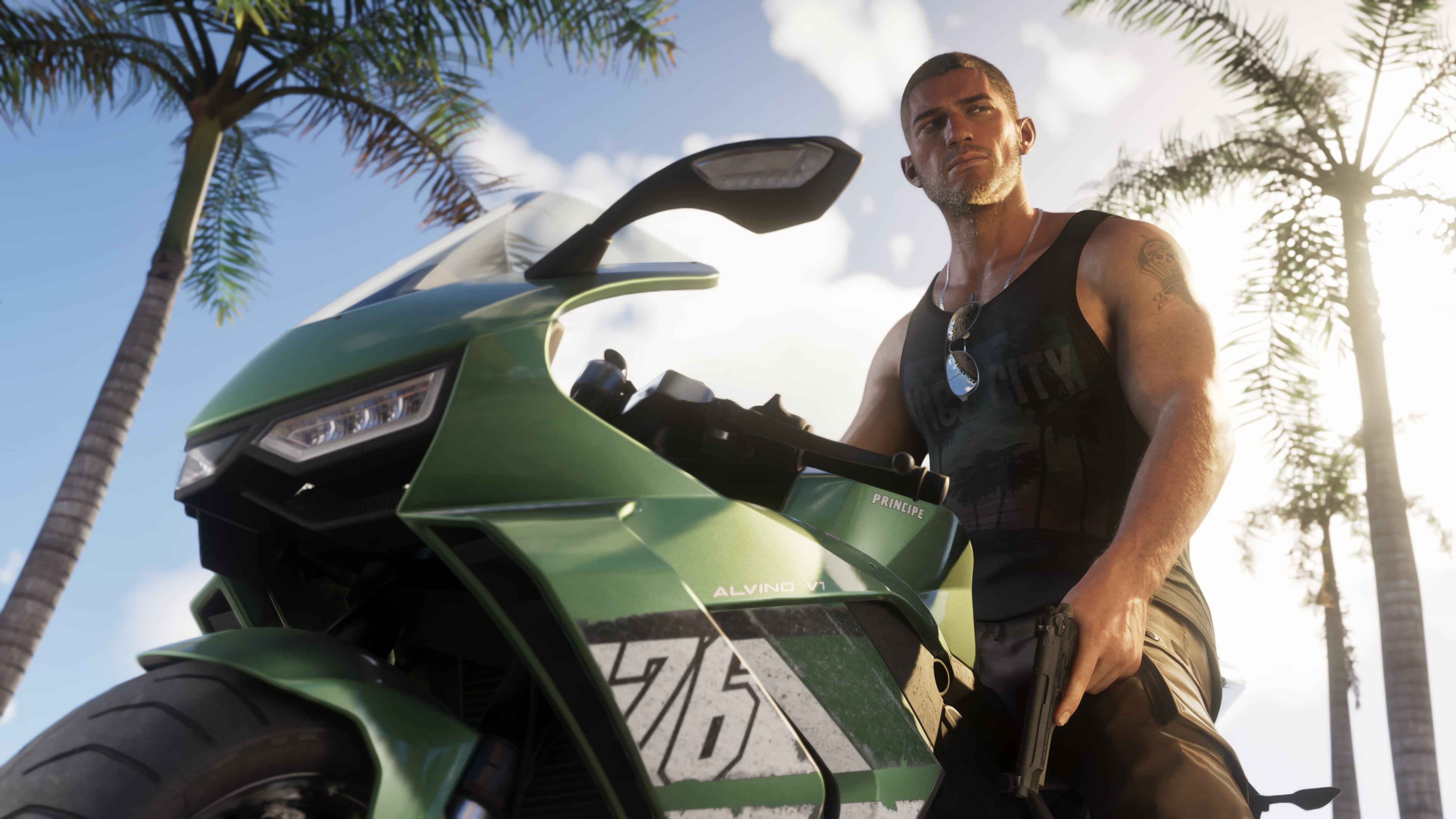 Official Grand Theft Auto VI image of Jason Duval standing beside a green motorcycle in the Florida sun.