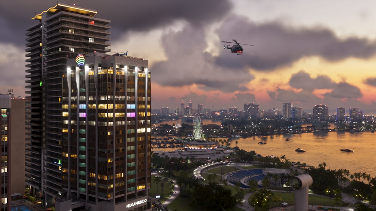 Official Rockstar GTA VI Vice City waterfront skyline at dusk